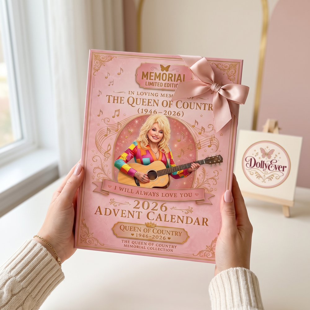 Queen of Country advent calendar held as a gift with a pink satin ribbon
