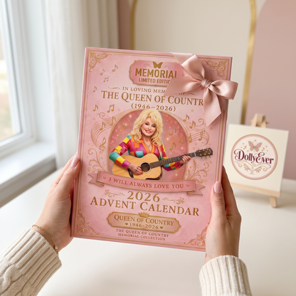 Queen of Country advent calendar held as a gift with a pink satin ribbon